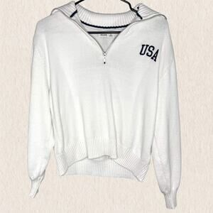 Hollister‎ USA Flag Knit Quarter Zip Sweater Women's XS White Patriotic Preppy